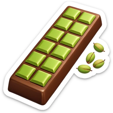 a half-eaten chocolate bar. chocolate filling - pistachio paste green sticker