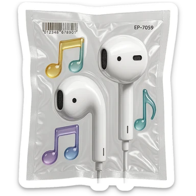 pair of white EarPods with three floating glass music notes in soft gradient colors, glossy and inflated sticker