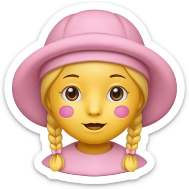 Yellow emoji wearing a pink bonnet with a neutral face sticker