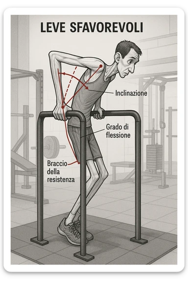 a tall, lean man with very long arms and a short torso attempts a dip on parallel bars. His elbows are deeply bent and his body appears awkwardly positioned, highlighting the mechanical disadvantage. An overlay shows anatomical lines and angles, with labels explaining “Leve Sfavorevoli” The background is a modern gym, with a focus on biomechanics. sticker