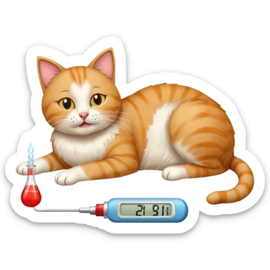 cat with thermometer in mouth, lying on its back, sick sticker
