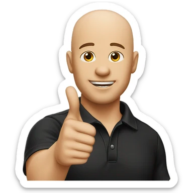 bald man pointing in front wearing a black cap and black polo sticker