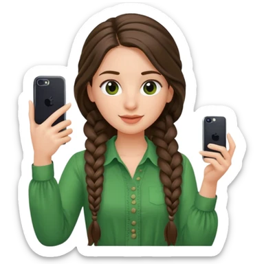 brunette long braided haired woman with green blouse holding her phone having selfie sticker