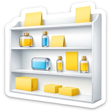 big long white shelf with luxury brand serum and big sticky note sticker