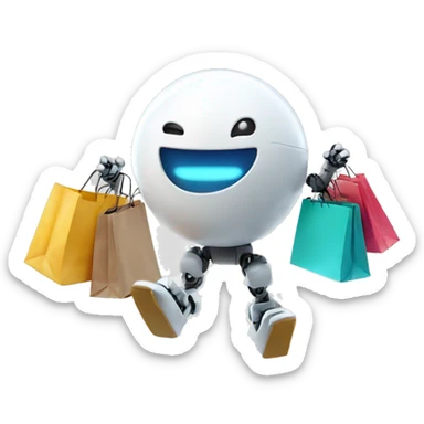 cute white floating spherical happy robot with floating shopping bags sticker