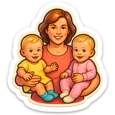 two one-year-old twin girls with short light hair sitting on the arms of their mother, pastel clothing, retro stickers style, soft light, different poses sticker