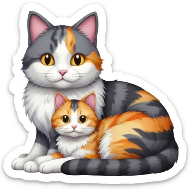 full body large dark grey and white cat cuddling a colourful light patched calico + white tabby cat  sticker