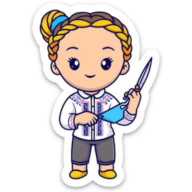 Ukrainian young girl with braided hair wearing a white embroidered traditional shirt (vyshyvanka) holding scissors and colorful craft paper sticker