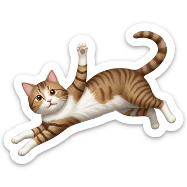 brown tabby and white cat with doing a big extremely long stretch reaching up into the air with arms and legs side by side together straight and overextended whilst lying on its side sticker
