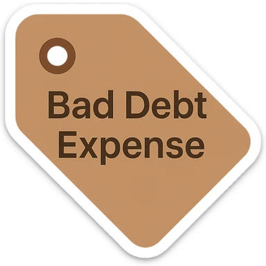 brown price tag icon with 'bad debt expense' in bold clear lettering sticker
