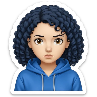 A woman with curly black hair, wearing a blue-black hoodie, and a slightly serious expression on her face. sticker