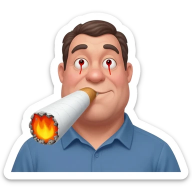 Chubby goofy looking middle aged  white guy with dark brown, but graying hair and bloodshot eyes, Smoking A SUPER HUGE  all white joint without a brown filter with orange and ash with hot ash and smoke rising off of it sticker