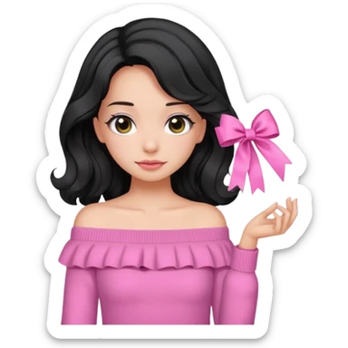 Girl with black wavy not so long hair and a ribbon hair clip beside it make it look like wearing a pink off shoulder sweater sticker