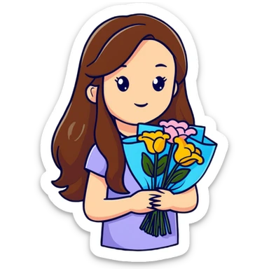 cool girl with long brown hair and fair skin holding a bouquet of flowers, stylish sticker