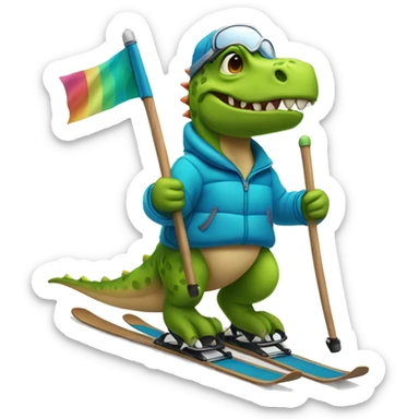 party dino skiing while holding poles sticker