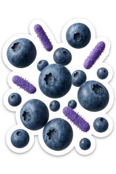 mirtilli fluttuano in aria insieme a 6 batteri intestinali viola, iperrealistico 4k sticker