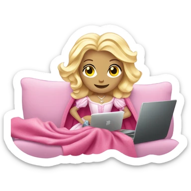 White and blonde Glinda from wicked in her pink dress with scepter has fever coverd by a blanket on the couch with laptop on her legs sticker