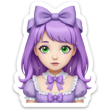 sweet lolita with pastel purple hair, green eyes, white skin, wearing a lilac dress with purple bows sticker