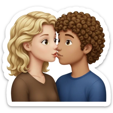 Blonde white girl kissing brown curly hair boy sticker