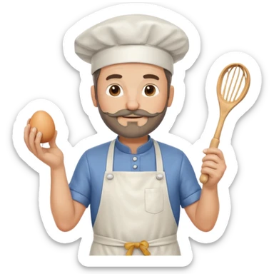 Middle aged male pastry chef - with a small beard, apron, white hat, holding an egg beater in his right hand, and his left hand naturally hanging down to his side sticker