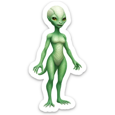 a full body portrait of a green Reptilian alien woman with pale white skin and intricate scale patterns sticker