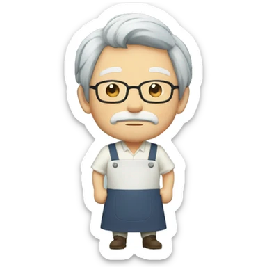 hayao miyazaki with his apron and hands in the pockets sticker