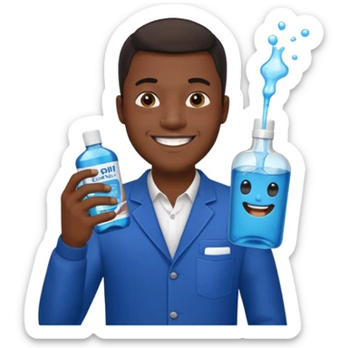 Smiling Black man, one hand with dark blue mouthwash, other with whiskey, sparkling teeth, emoji style sticker