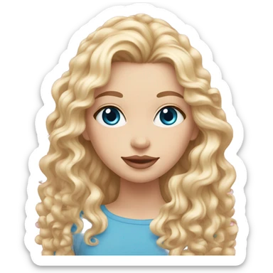 White girl 🧝🏻‍♀️, blue eyes, blond very long curly hair, pink lips. Background long sticker