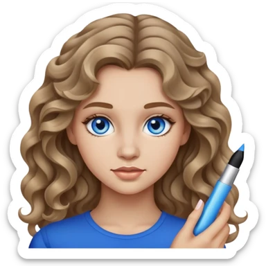 Teen girl, dark blond wavy hair, blue eyes, makeup sticker