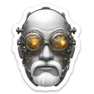 Bald cyborg head with silver steampunk goggles, white beard and circuits sticker