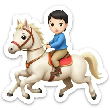 l little chinese baby riding on a  cute horse running really fast on the grass with 2026 year's label sticker