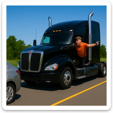 Zoom the scene out so the view is a little farther away, showing more of the road and both vehicles. Keep the black Kenworth W680 semi with chrome stack, angry bald driver in orange shirt and baseball cap, arm out the window, following a car. Scene should remain bright and vibrant. sticker