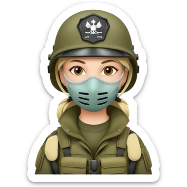 woman soldier without cap wearing mouth mask sticker
