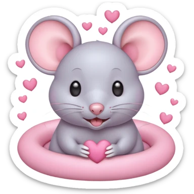 pastel cream cartoon mouse with large, round, pink-lined ears. The mouse has heart eyes, a small open mouth, and is surrounded by floating pink hearts, conveying a feeling of love, adoration, or strong affection. sticker
