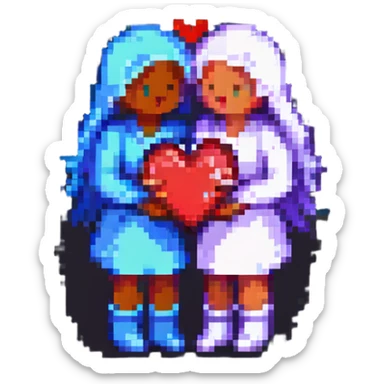 two figures hugging with a heart above them, soft colors, safe for work, pixel art style sticker