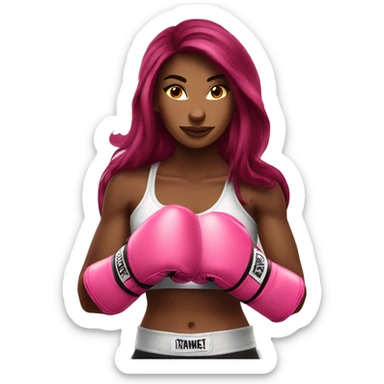 Beautiful tattooed  burgundy long haired woman boxing with pink gloves sticker
