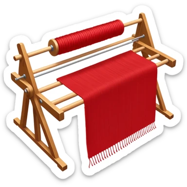 rigid heddle weaving loom set up for weaving a bright red scarf, with red yarn on a stick shuttle laying across the warp threads sticker