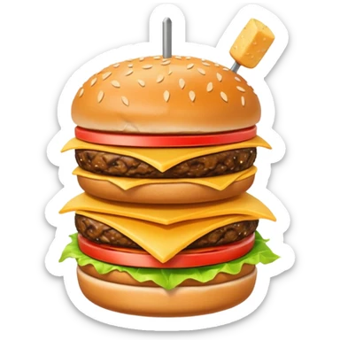burger with skewer through it with chips in a cup on the side sticker
