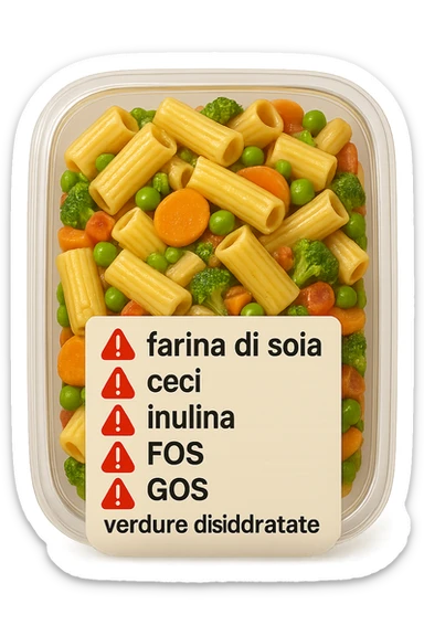 SU QUESTO STILE FAI UN EMOJI STILE IPHONE 3D DI UN insalata di pasta precotta preconfezionata con ETICHETTA CON GLI INGREDIENTI SCRITTI, "farina di soia, ceci, inulina, FOS, GOS, verdure disidratate" accanto ad ogni nome scritto mettici un segnale di allarme, FALLO MOLTO REALISTICO IN 3D sticker