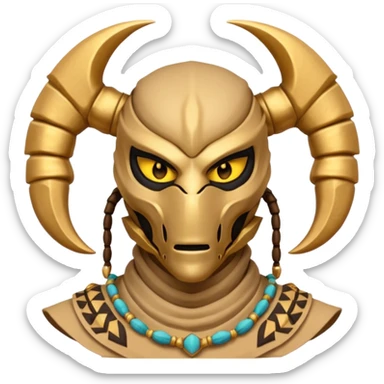 desert scorpion guard portrait, head and shoulders only, tribal mask, gold desert jewelry, fierce expression, sandy hood, 3D cartoon, mobile game icon style, clean background, no text, no watermark
 sticker