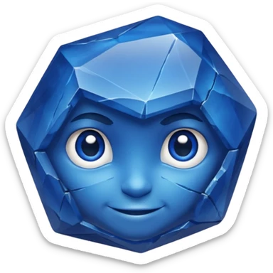 A single sapphire-blue faceted rock head, chunky and worn, with a few visible cracks and chipped facets but still shiny, big kind eyes and a confident smile, 3D game asset, centered on dark background, no body, no other elements. sticker