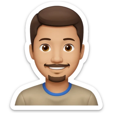 Asian man with short brown hair and a goatee sticker
