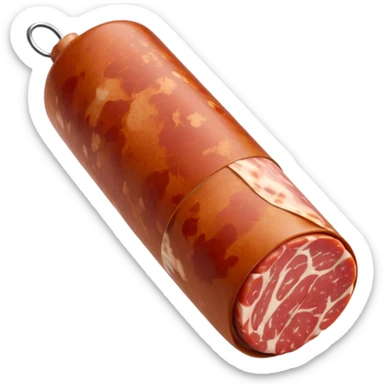 whole dry-cured pork sausage cylindrical shape rustic wrinkled casing beige-grey tones cleanly sliced end marbled interior deep red meat white fat compact speckled soft lighting subtle shadows emoji scale sticker