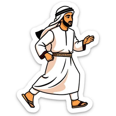 Arab man walking confidently in traditional clothing, side view, mid-stride sticker