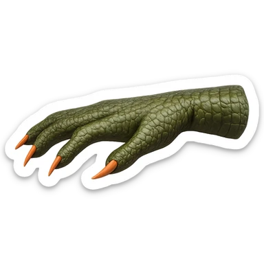 Side view of a realistic reptilian hand, palm facing down like the 🫳 emoji, textured scales and sharp claws, no background. sticker