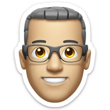 Cyborg head with fair skin, flat top haircut, rectangular glasses, circuits and smiling  sticker