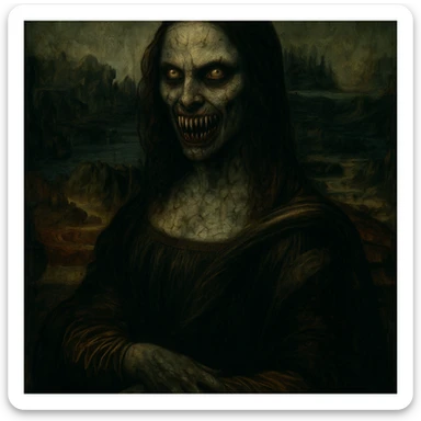 Mona Lisa in an oil painting style, with a horror-inspired look, sharp teeth, intense stare, and a chilling supernatural vibe sticker