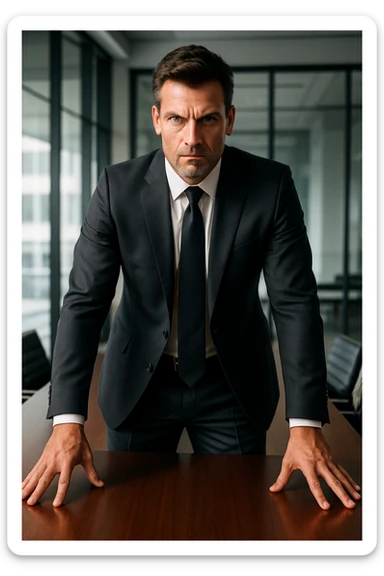 a dominant man standing at a conference table, powerful stance, business environment, commanding and influential demeanor sticker