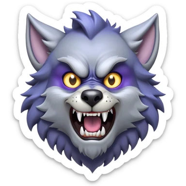 Cinematic Comical Werewolf Portrait Emoji, with a whimsically exaggerated lupine face in vivid moonlit grays and silvers, head cocked in a dramatically shocked expression with comically oversized, wide eyes and a playful snarl, simplified yet hilariously expressive, highly detailed with a soft cartoonish glowing outline capturing the mischievous humor of a werewolf mid-transformation! sticker
