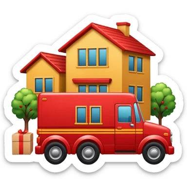apple style emoji of a truck connected by street lines to a package, a house, and a company building, clear symbols, friendly colors, neutral background sticker